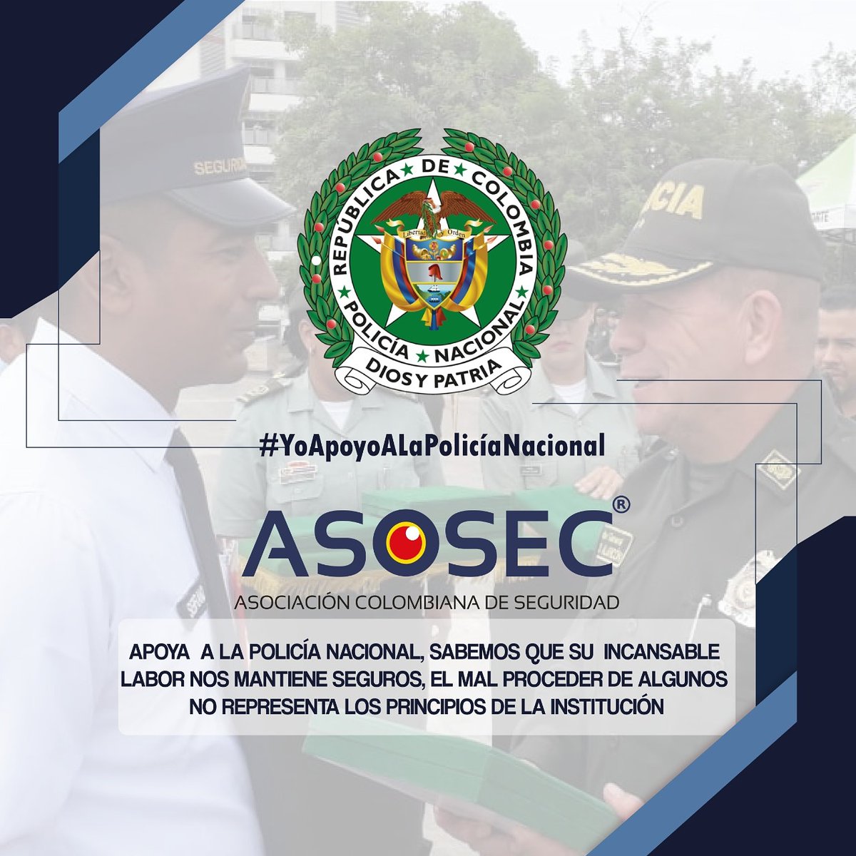 #YoApoyoALaPoliciaNacional
ASOSEC apoya a la Policía Nacional, sabemos que su incansable labor nos mantiene seguros, el mal proceder de algunos no representa los principios de la institución. 🇨🇴👮
#YoApoyoALaPoliciaNacional