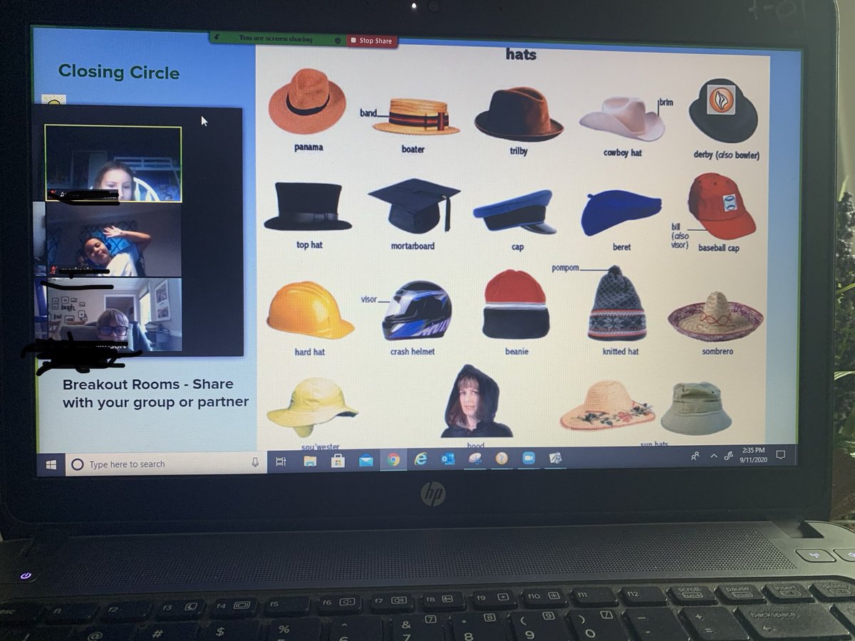 HPEwithMrsOrr's tweet photo. SEL Closing Circle - (Reflecting on our first week of school) What hat are you wearing right now and why? What hat do you want to wear next week? π @VBFairfieldES #mrsorrcraftsminds #minecraftclass #virtual2ndgrade https://t.co/Ht20r05OeF
