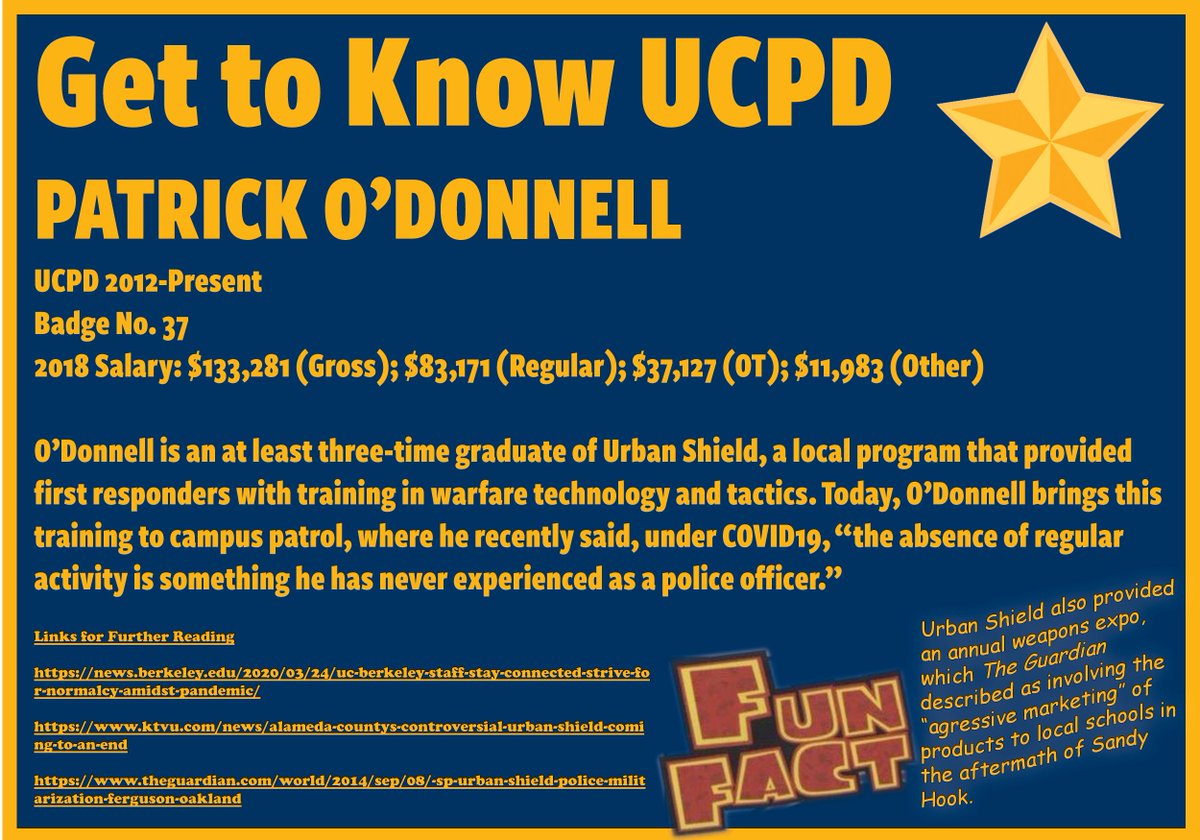 Officer Patrick O'Donnell, now patrolling the desolate UCB campus and remarking on having nothing to do, remembers wistfully those years when Urban Shield was still a thing  #3times  #idiot  #acaberkeley