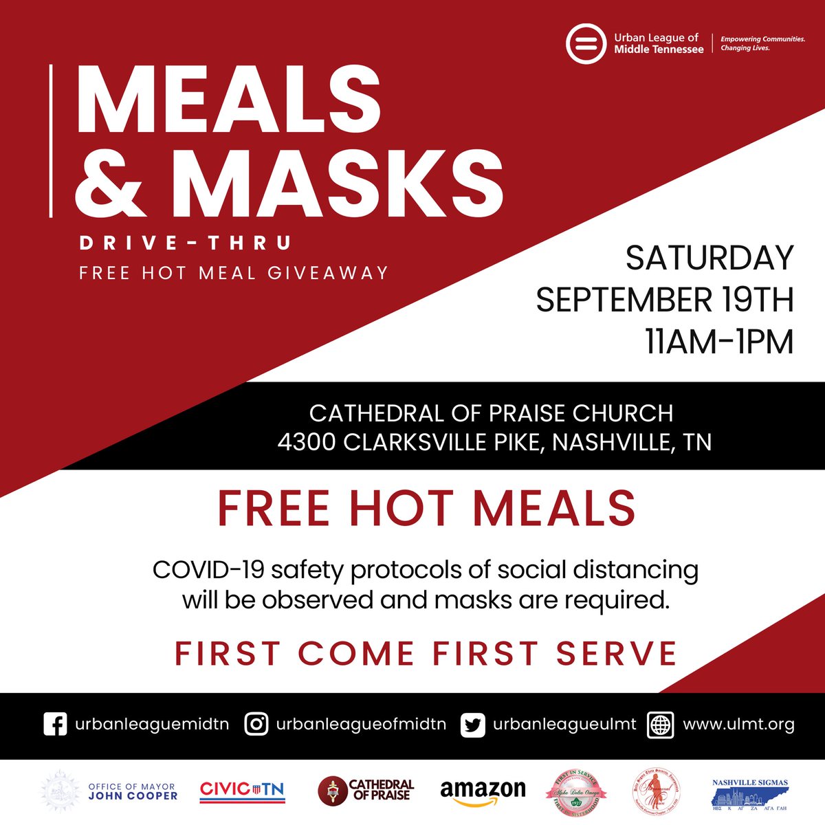 UrbanLeagueULMT's tweet photo. 📢 NEXT SATURDAY 📢
Free Hot Meals  🥘 Drive Up

Saturday, September 19 • 11AM
Cathedral of Praise Church
4300 Clarksville Pike

This events is in partnership with @johncooper4nashville @civictn @nac_dst @alphadeltaomega1908 @copcogic @nashvillesigmas @amazon https://t.co/d1S95kVTEY