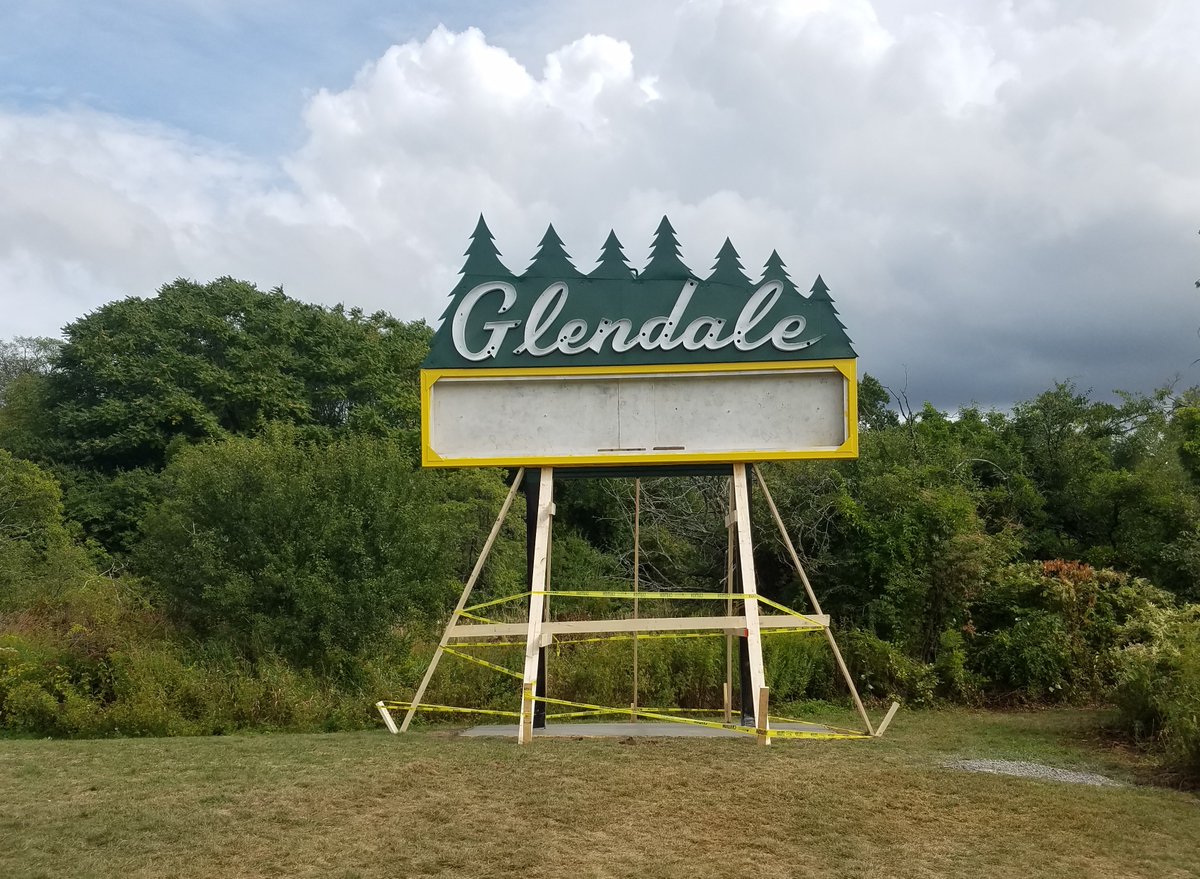 gdarcy3's tweet photo. The #Waltham Glendale sign, formerly located at Glendale Liquors atop 1093 Lexington Street, is being re-installed nearby at Falzone Field at 880 Trapelo Road. Thanks to CPW staff Bernie McDonald, Bobby Pratt, Ed France for their work to restore this icon of North Waltham! https://t.co/9yJlNOH6U9