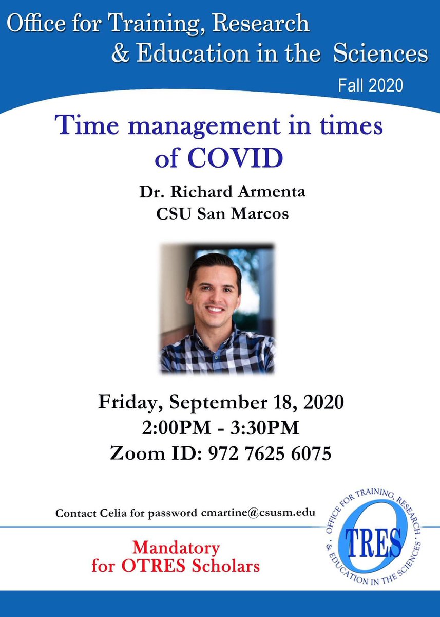 CTREE_CSUSM's tweet photo. You’re invited to a virtual OTRES Workshop:

Time management in times of COVID
Friday, September 18, 2020
2:00 PM - 3:30 PM
Zoom Meeting ID: 972 7625 6075 

Email Celia Martinez for the meeting password! 
cmartine@csusm.edu https://t.co/SPc3e73asx