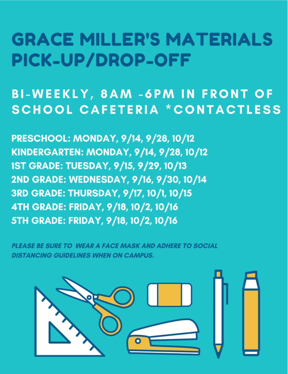Hello, Roadrunners! We have another round of materials pick-up/drop-offs coming up next week (9/14 - 9/18). Please come by to collect student materials on their grade level's designated day. We have extended our pick-up time to 6pm. See you next week! #Roadrunners #BUSD