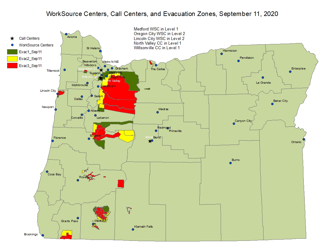 1/4 Oregon had 21,350 business establishments employing 232,600 jobs in current wildfire evacuation zones (as of the morning of 9/11) spanning across 13 different counties in Oregon. That nears Oregon's entire private health care industry in size  http://bit.ly/ORFireZonesJobs911