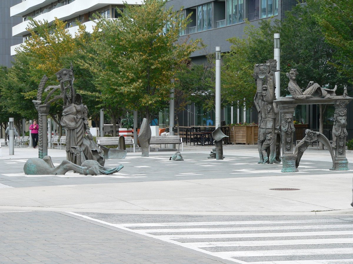 DavidWu_ca's tweet photo. Sculpture @hadleyhowes #maxwellstephens 2016 "Garden of Future Follies" brings ornamentation from high places, down to street level.  Decadence is now streetscape that pedestrians don't think about.  (Front Street Promenade at Bayview Avenue, Corktown, Toronto, Ontario) 20200911 https://t.co/G6pO7MdXE1