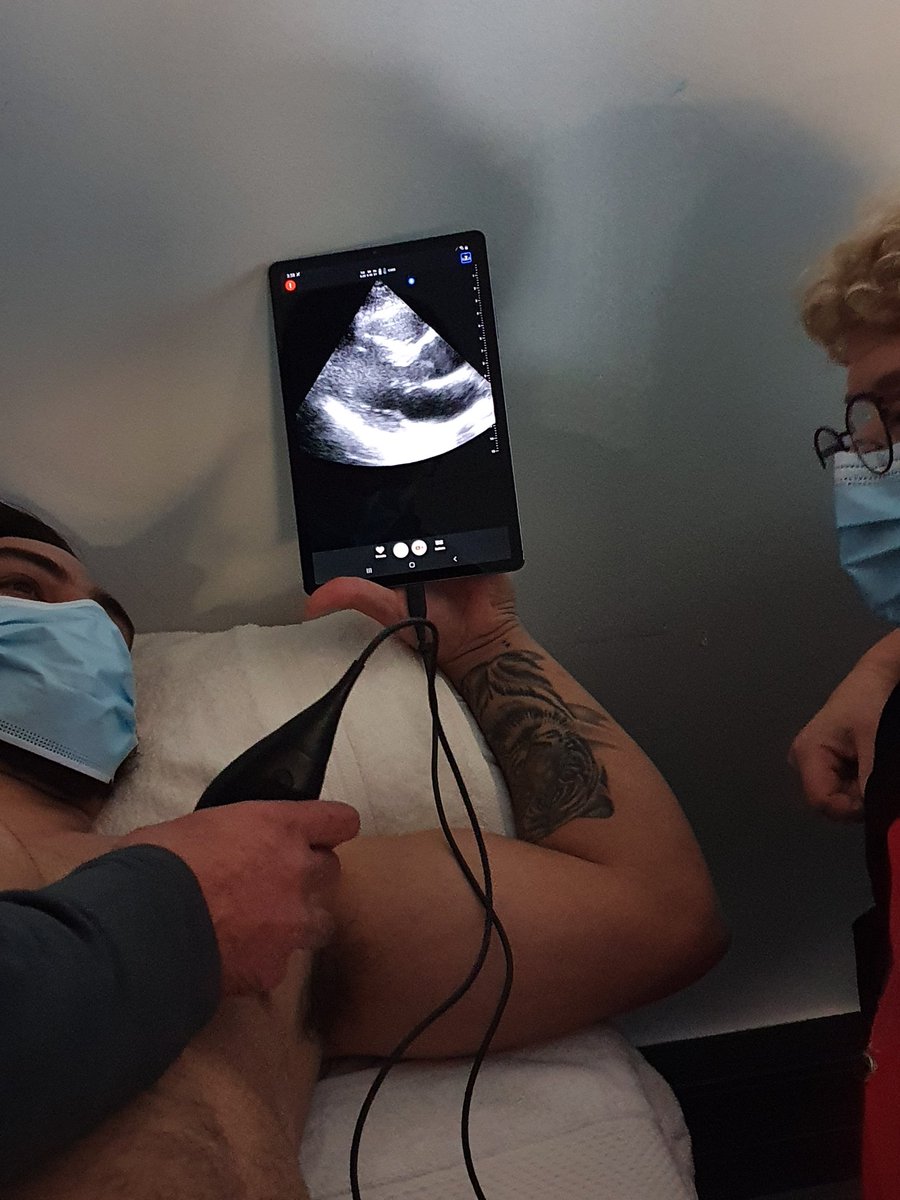 Learning some #POCUS #lifehacks while conducting cardiac views. Patients can help by holding your viewing device. @PinnacleMHN @ButterflyNetInc