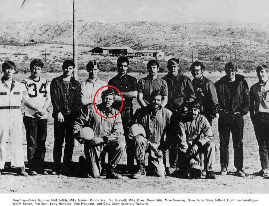 It was estimated Benton fell from 60-100 feet above the stadium onto the turf below. Benton helped BSC win the 1969 skydiving national championship (apparently that was a thing!). Benton’s chute was a very new style, and he had yet to master its movements.