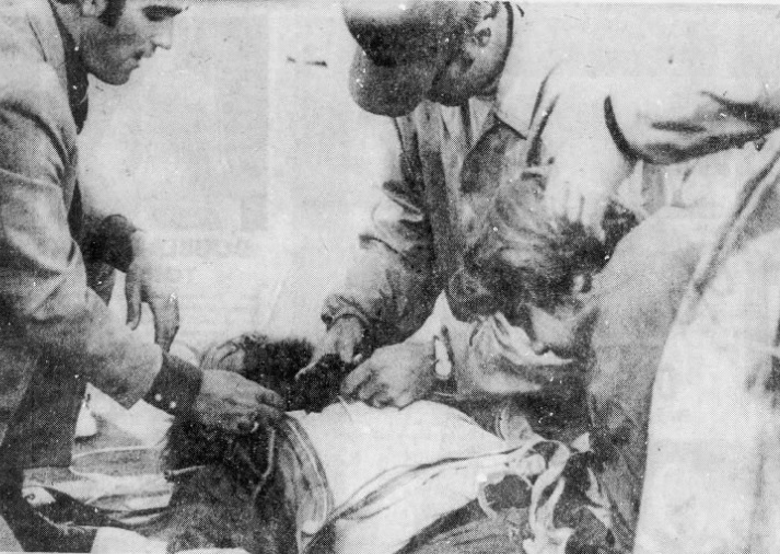 The BSC skydiving club (!) was part of the pregame entertainment. Club president Wally Benton carried the game ball, but a crosswind on his final turn sent him sideways. He crashed onto the field, suffering compound fractures in both legs and a head injury.