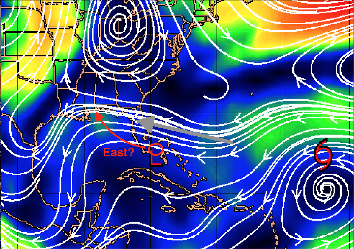 This frame shows the likely path if the LLC becomes the dominant circulation and develops to closer to Florida. This path would lead to more time over land and in turn, less time over water as the steering for a *weaker* storm has more WNW forcing it towards the LA/MS border. 2/