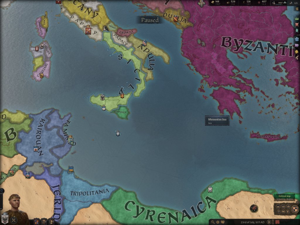 58. But no, it fell to some Libyan lord ... okay, I should be able to take him. But no, he's actually the vassal of the ruler of Cyrenaica. If I declare holy war on him, I have to fight his boss, who has a bigger army than I do. And now I'm worried he might attack ME.