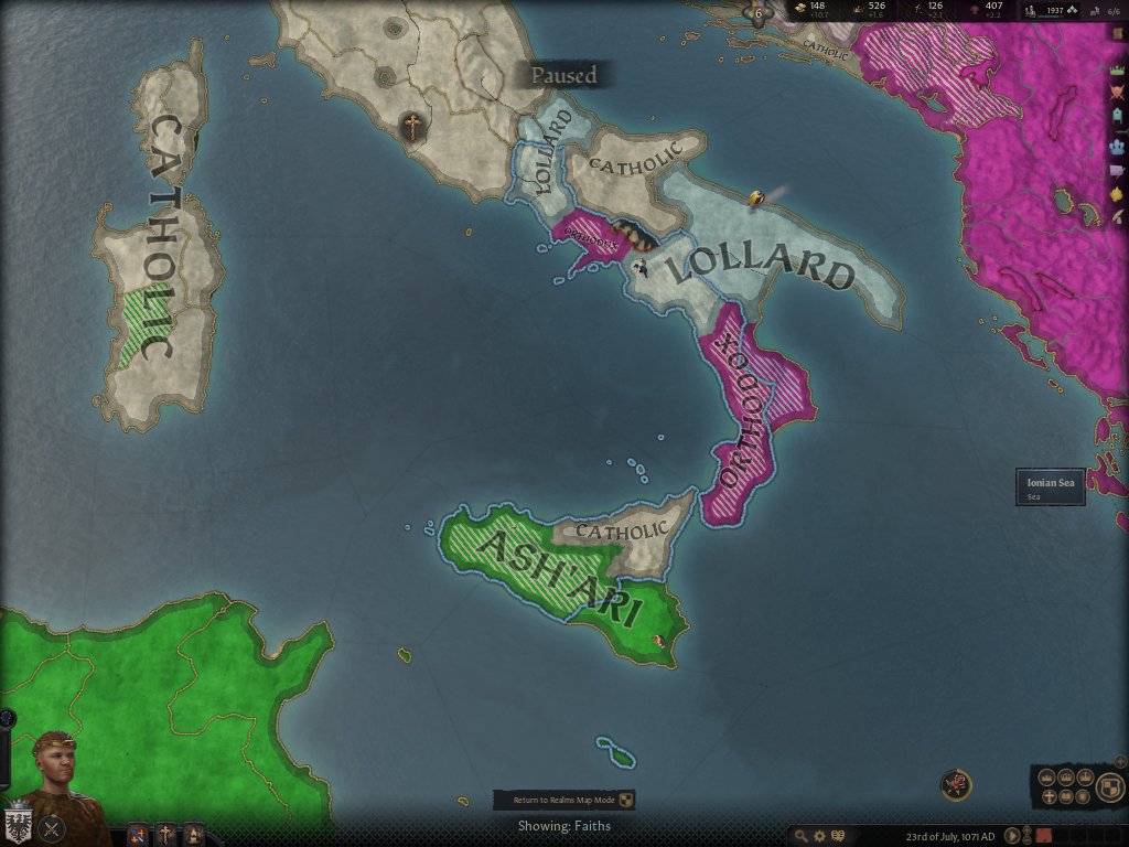 60. Meanwhile, my realm (outlined in blue) is divided among a host of religions. I've got my bishop assigned to converting Palermo, but each county will take years to claim for the Catholic faith. Until then, I could face local unrest and even rebellions.