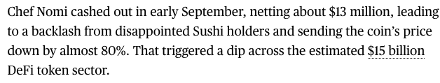 2/ "Chef Nomi cashed out in early September ... sending the coin’s price down by almost 80%. That triggered a dip across the estimated $15 billion DeFi token sector."Chef cashed out at 5 AM PT 9/5, sending the price down to $1.20 at the bottom. Not 80%.