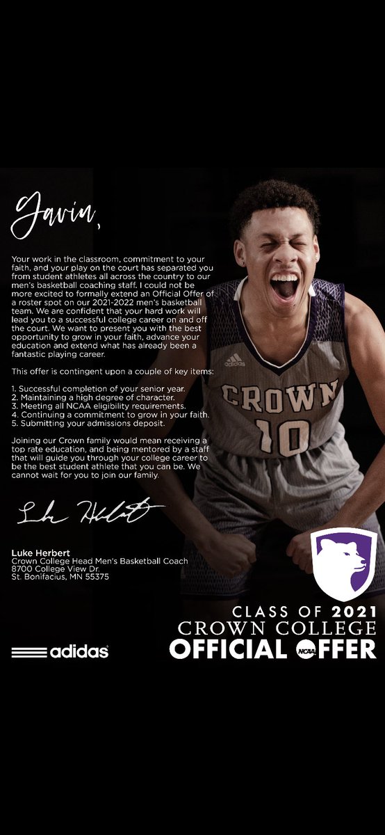 Humbled and excited to have received an official offer from Crown College! @CrownCollegeMBB @PrepHoopsMI @coachmattsummer