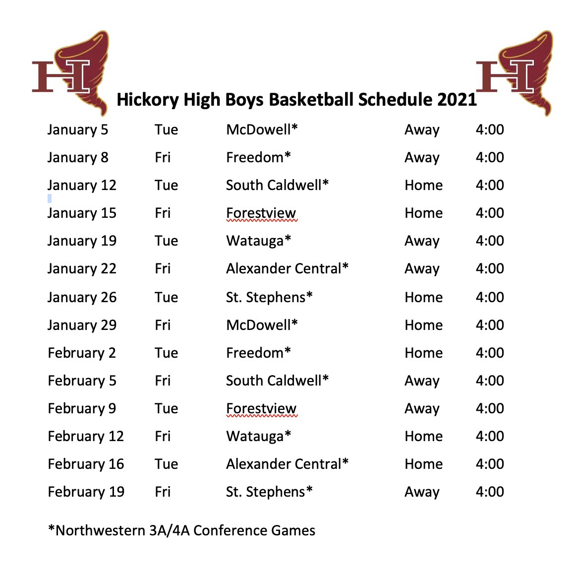 HHS Basketball Schedule 2021. #TornadoPride