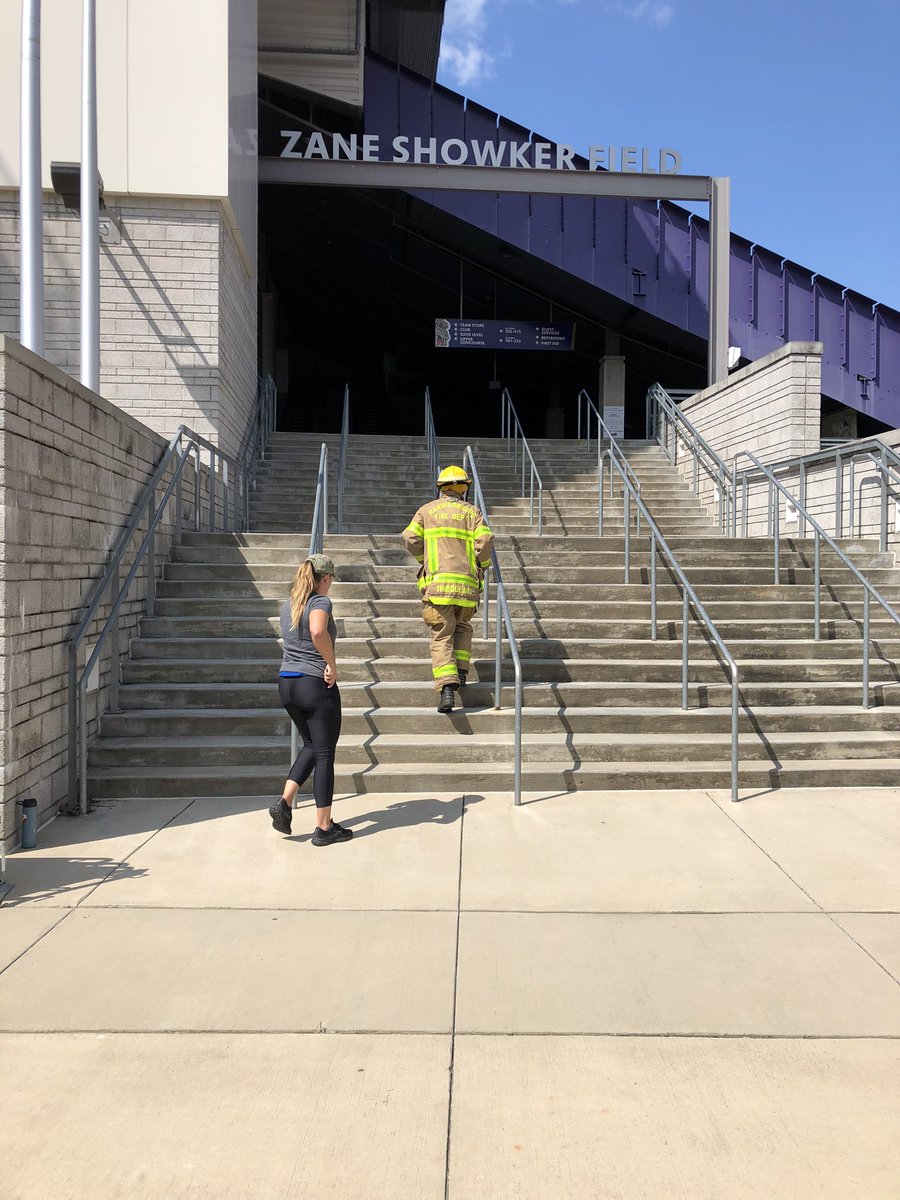 Tobia698's tweet photo. Today @HFDVA & @HarrisonburgPD climbed in remembrance of #September11th. We carried @FDNY #FF Brian Cannizzaro #L101 & #Lt. Geoffrey Guja #E82 w/us. We remember. Special thanks to @JMU for allowing us to use #Bridgeforth Stadium to show our support. #SayTheirNames @JMUTimMiller https://t.co/j5DsTk0CbW