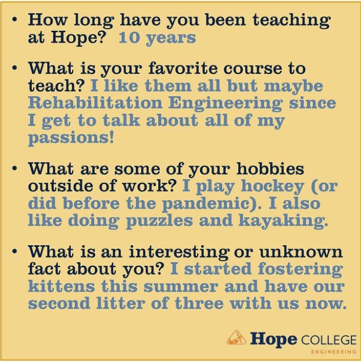 Hope_Engineers's tweet photo. Week 4 is in the books! To celebrate, here’s another #GetToKnowYourProf feature. Today, we’re highlighting Dr. Katie Polasek. She’s our pioneering biomedical professor! #GoHope #TheHopeDifference ⚓️ https://t.co/8H7lqwOdBT