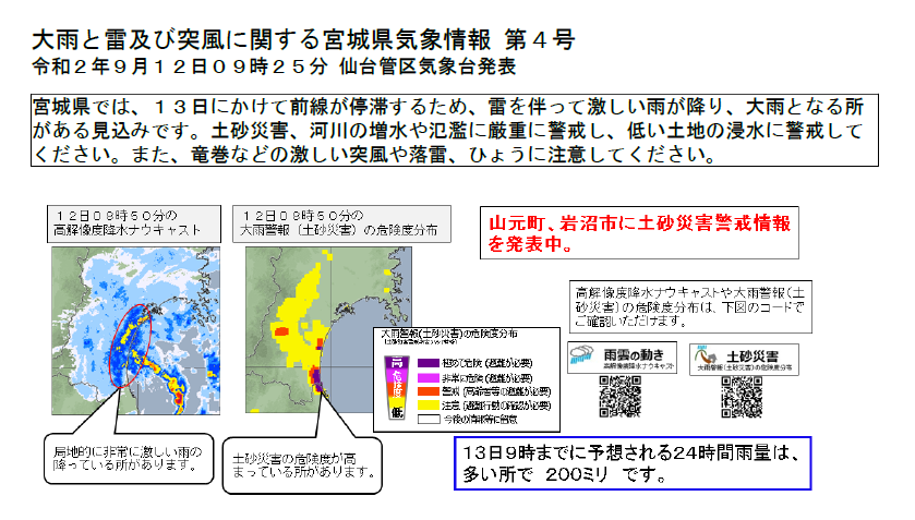 Tbc東北放送 防災減災 災害情報 9 12 09 45 Tbc気象台 仙台管区気象台は 大雨と雷及び突風に関する 宮城県気象情報 第４号を発表しました あす 日 午前９時までの予想２４時間雨量は 多い所で２００ミリに達する見込みです 平年の９月１か月分
