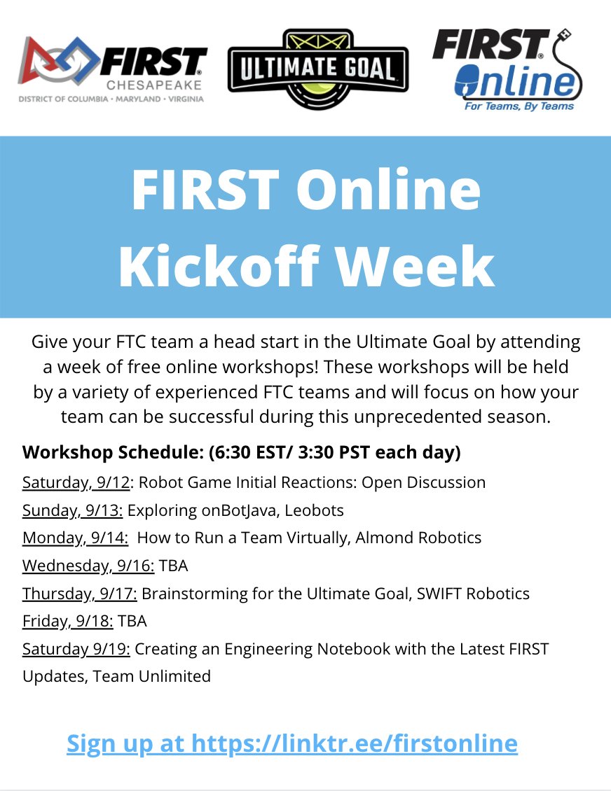 almondrobotics's tweet image. We can't wait for FTC Kickoff tomorrow!
To celebrate, FIRST Online is going to be hosting a new series of FTC workshops.
Sign Up Now at linktr.ee/firstonline
#FTC
