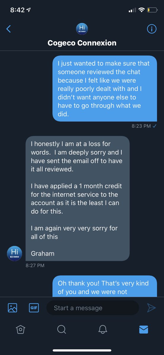 millapickfield's tweet photo. @cogeco Went from a really poor experience with a chat agent to amazing customer service on Twitter. I can say that I’m really impressed with how Graham handled the whole situation! 10/10 https://t.co/qqUaLbC3XR