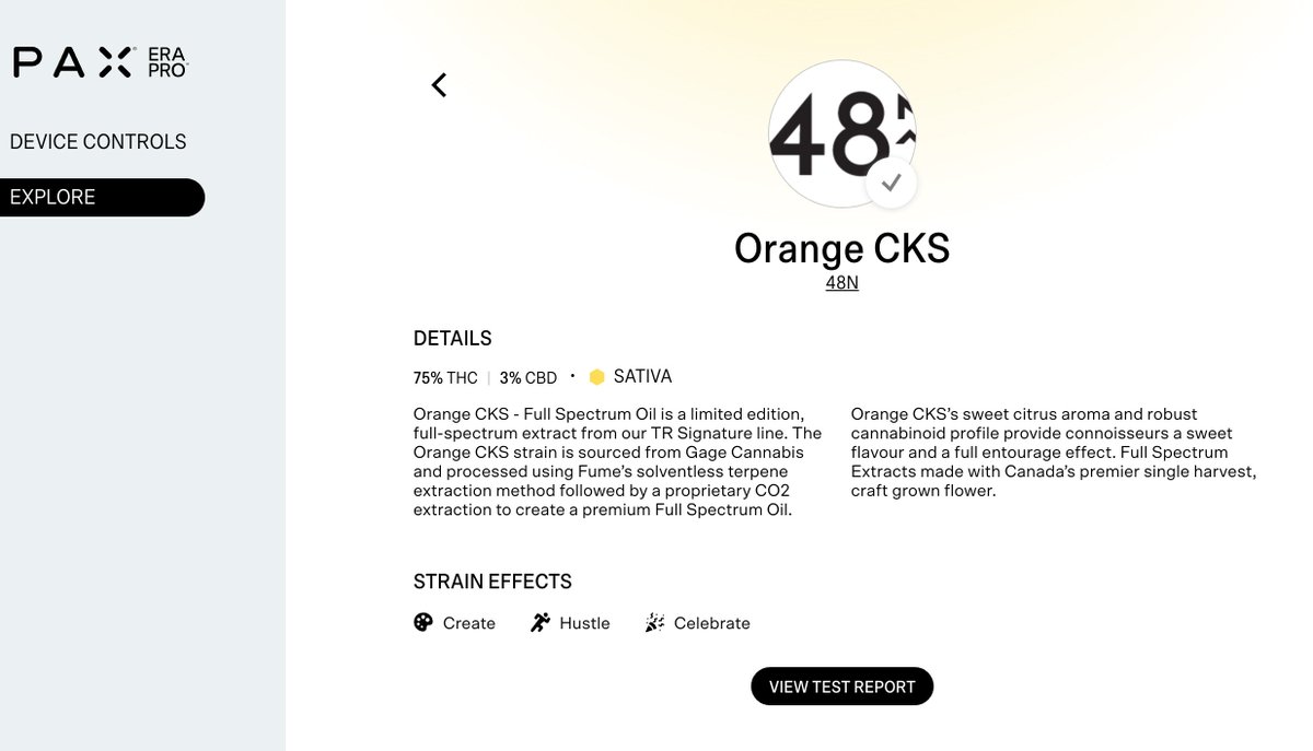 With  #PodID, you get all the information you need right in the  #Pax  #Era app (the screens below are from the desktop app - I'll explain that one later). With the  #FumeCannabis  #Orange  #CKS pod, I get all the details below and even can access the full testing results.