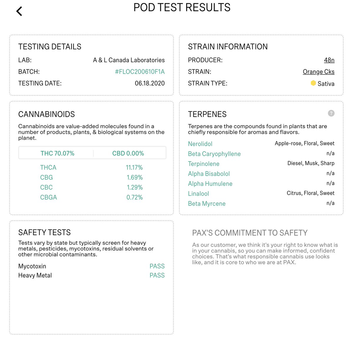 With  #PodID, you get all the information you need right in the  #Pax  #Era app (the screens below are from the desktop app - I'll explain that one later). With the  #FumeCannabis  #Orange  #CKS pod, I get all the details below and even can access the full testing results.