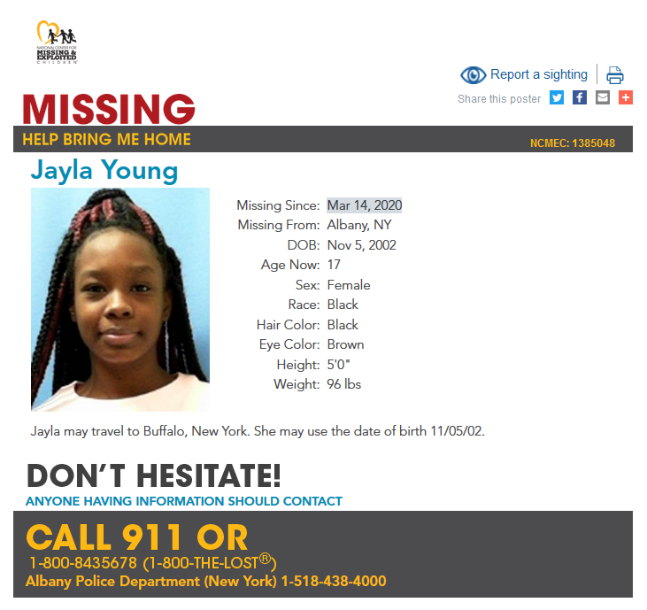 #MISSING!
Jayla was last seen on Mar 14, 2020. She may travel to Buffalo, #NewYork. 
missingkids.org/poster/NCMC/13…