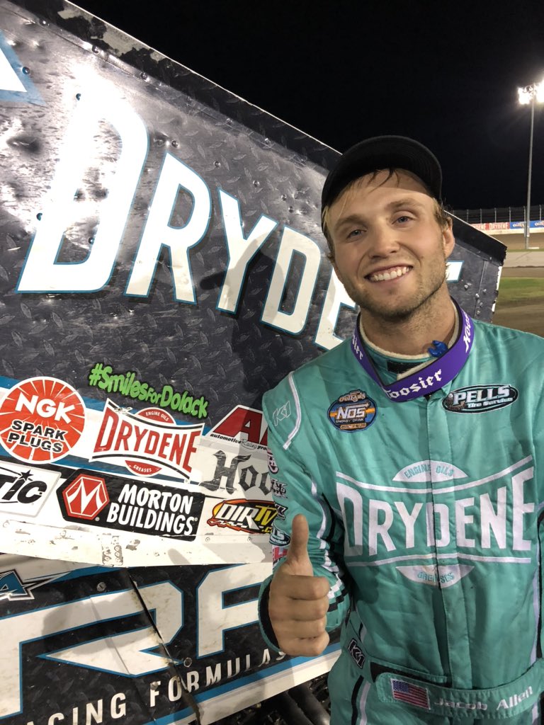 Megan_Hazel's tweet photo. “Oh man” First-time @WorldofOutlaws winner, @JacobAllen1a is ALL smiles in Victory Lane! #SmilesForDolack https://t.co/0Oo3HrXc7x