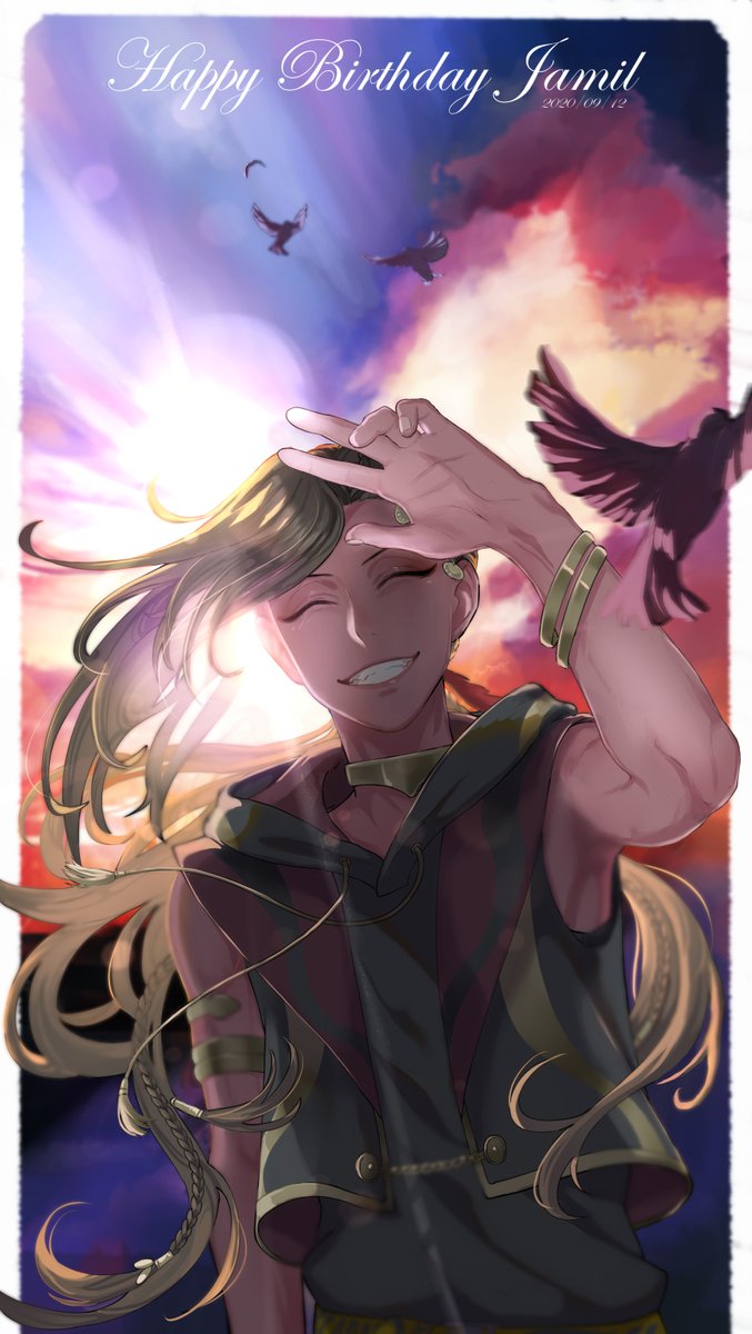 1boy male focus bird smile long hair closed eyes solo  illustration images