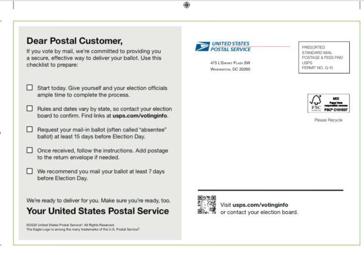 I just found out the  @USPS is sending this postcard to every household and PO Box in the nation. For states like Colorado where we send ballots to all voters, the information is not just confusing, it’s WRONG. (Thread)