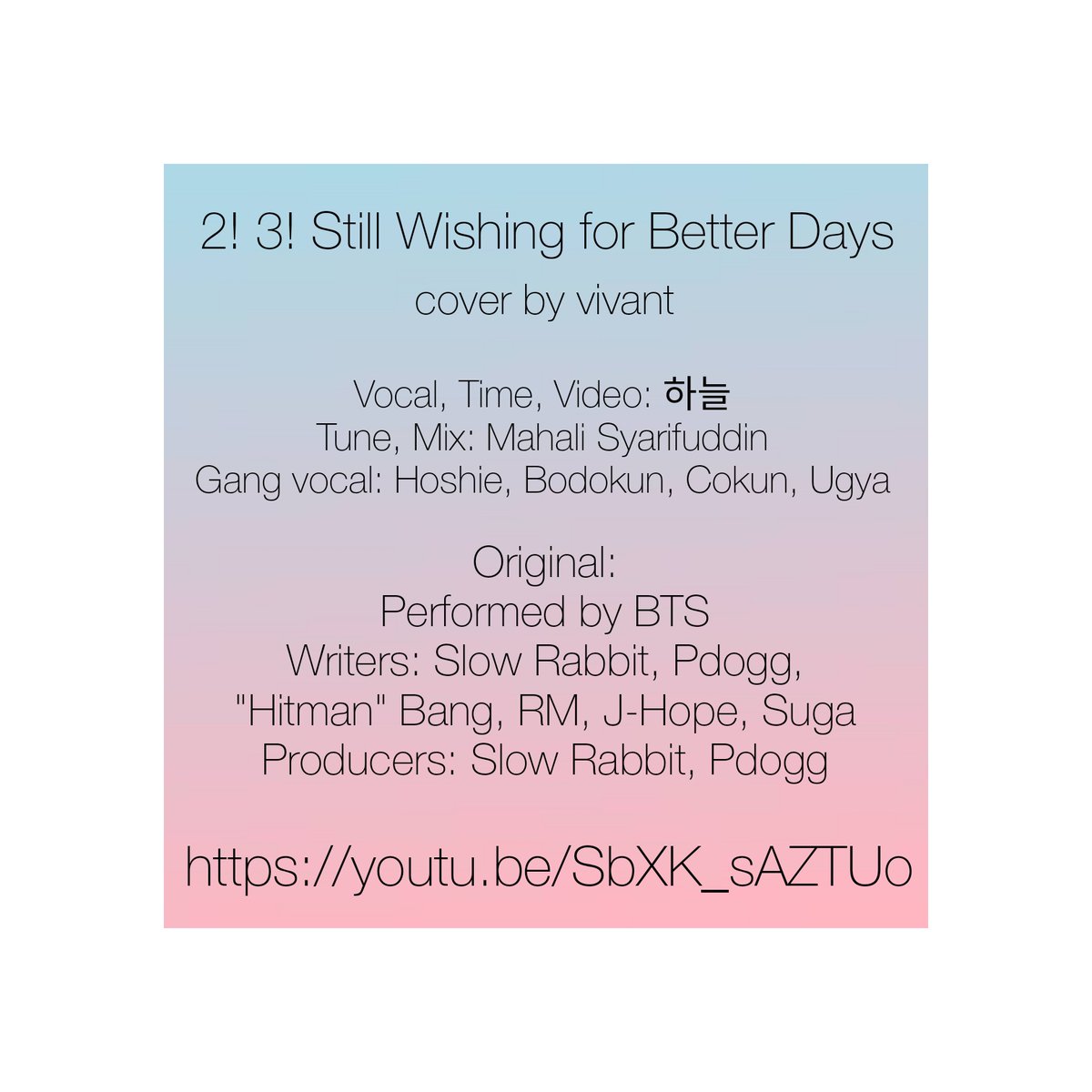 sorahaneul_twt's tweet photo. 【AIT2020】둘! 셋! (그래도 좋은 날이 더 많기를) 【WINGS／You Never Walk Alone】 cover by 𝒗𝒊𝒗𝒂𝒏𝒕

Vocal, time, video: 하늘
Tune, mix: @Mahali_Syrfdn
Gang: @Hoshie_M, @ugyaupangadu, 笨KUN, Cokun

@Aitaite #AitaiteTour
@BTS_twt #NamjoonDay #OurPrideRM

https://t.co/DlNUjM4i07 https://t.co/xbrxeQAf73