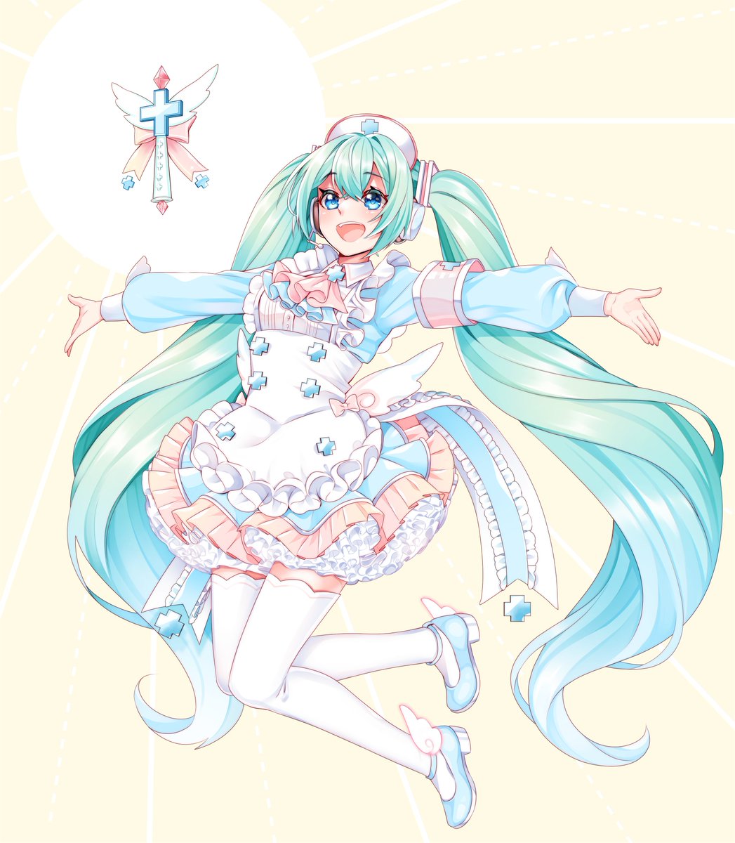 hatsune miku 1girl solo nurse cap long hair thighhighs outstretched arms twintails  illustration images