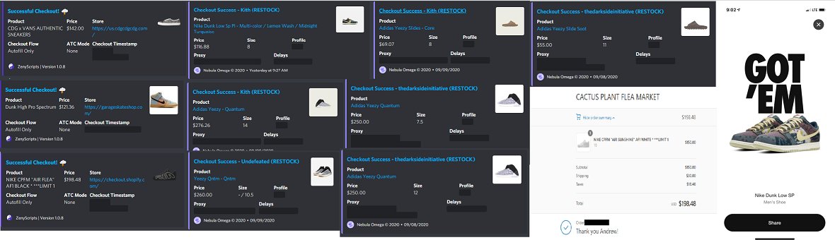 azelphius's tweet image. some recent botting and manual success.
Bot(s): @nebulabots @Zeny_AIO 
Proxies: @ZenuProxies @ProxCop
Kings: @ImperialNotify @AMNotify