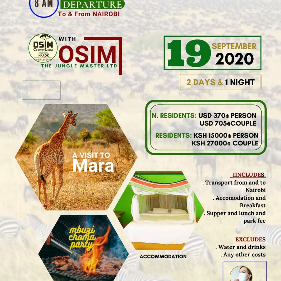 OsimTours's tweet photo. Depart Nairobi Saturday 8:00am, arrive Lodge, check-in, lunch (Mbuzi party), Bonfire Dinner, breakfast, Mara game drive, depart for Nairobi https://t.co/IFHCO96DDj