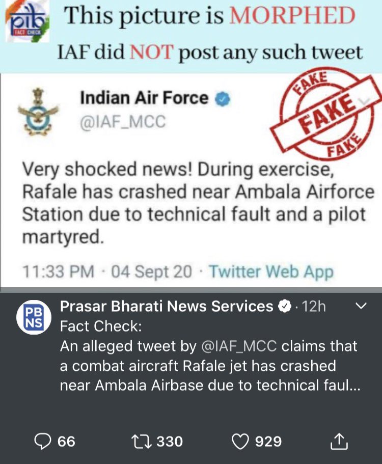 Let me explain by example. Yesterday ‘Rafale Crash near Ambala’ was being publicised by fake handles. 1.We got Rafales - True2.Ceremony in Ambala - T3.Planes have crashed in past - T4.Rafale crashed - False Lot of people started RTing and expressing sorrow. Hence believed.