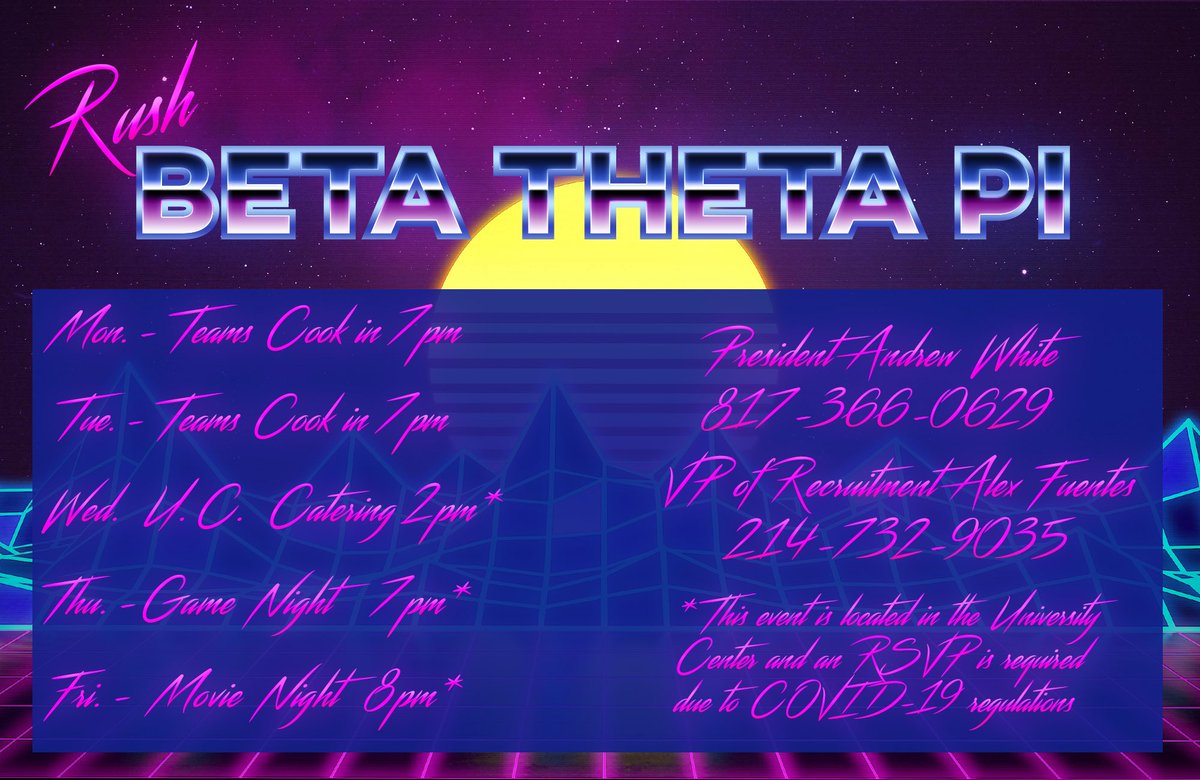 The Beta Theta Pi fraternity at UTA is excited to announce the Fall ‘20 rush week schedule! We hope y’all can join us! #rushweek #rushbeta

Events are:
Mon- MS Teams Cook In, 7pm
Tue- MS Teams Cook In, 7pm
Wed- Catering at the UC, 2pm
Thu- Game Night, 7pm
Fri- Movie Night, 8pm