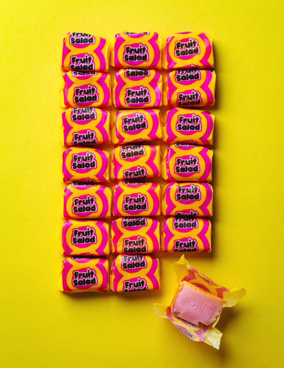 sheradondublin's tweet image. Small hands make light work of sweets left unattended in the studio. #colourblocking #foodphotography #retro #sweets #fruitsalad