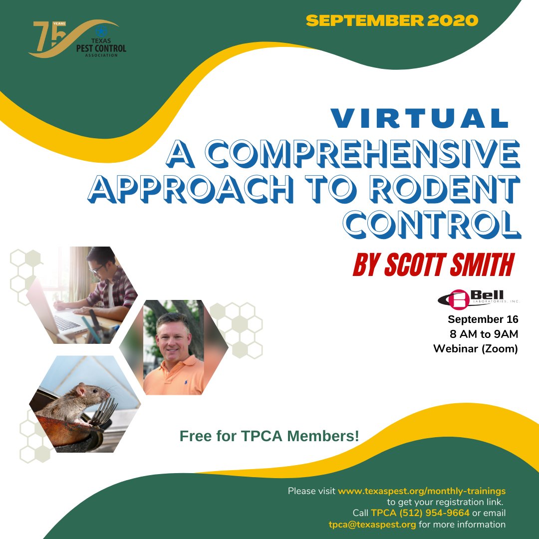 TexasControl's tweet image. CALLING ALL TPCA MEMBERS! 
Register you and your employees for a free one hour talk on A Comprehensive Approach to Rodent Control. 

By Scott Smith of Bell Labs
Wednesday September 16th at 8am. 

Go to texaspest.org/monthly-traini… to get your registration link.