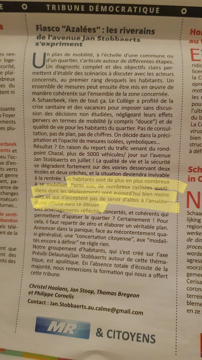 Gros LOL dans la dernière livraison de l'info Schaerbeek: des cyclistes quotidiens qui se plaindraient d'une double piste cyclable séparée le long du parc Josaphat 🤣  #propagandeMR