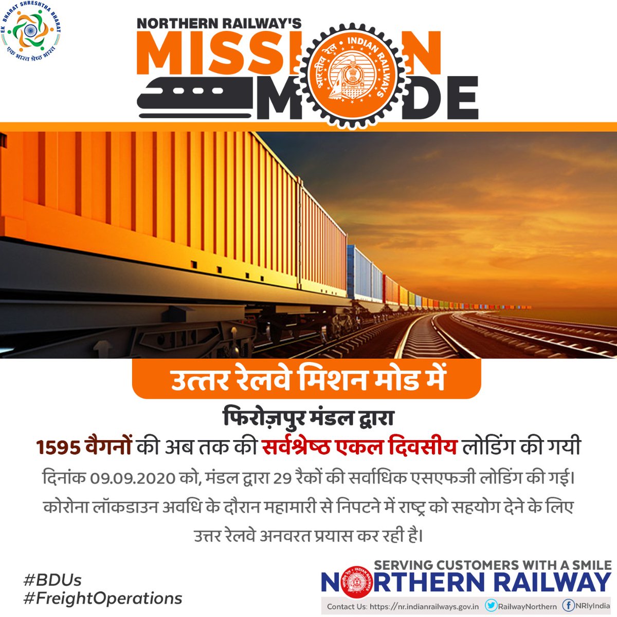 RailwayNorthern's tweet image. उत्तर रेलवे मिशन मोड में :

उत्तर रेलवे के फ़िरोज़पुर डिवीजन  द्वारा 1595 वैगनों की अब तक की सर्वश्रेष्ठ एकल दिवसीय लोडिंग की गई। 

#NR_BDUs
#FreightOperations
#GrainTrains
#AnnapurnaExp