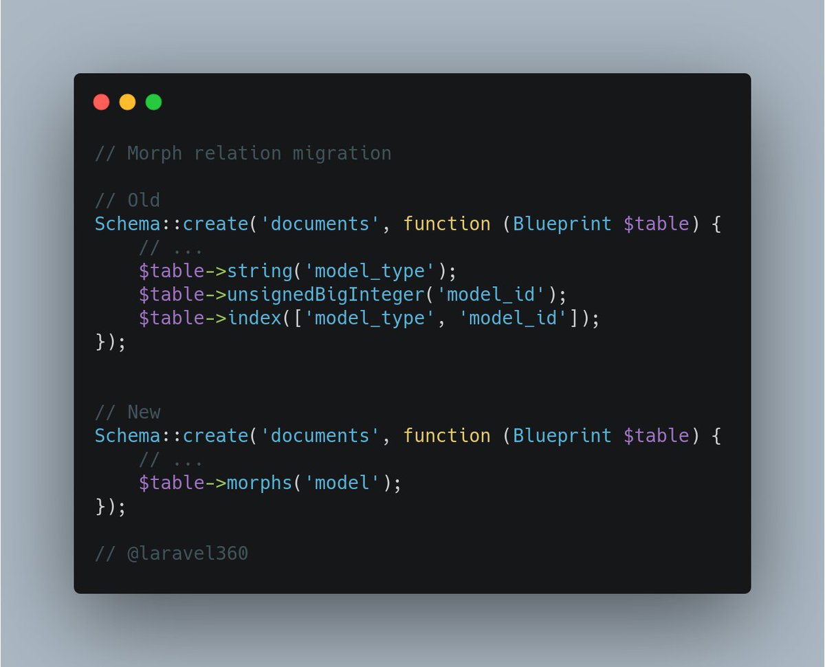 laravel360's tweet image. Laravel migration alias for morph relations
#laravel #laravel8 #php #laravelphp #laraveldevelopers #laravelife #laravelframework #laraveltips #laravel360