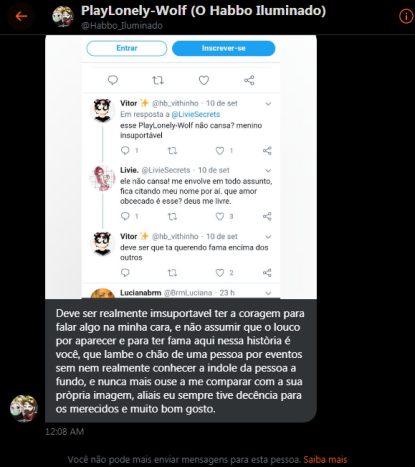 hb_vithinho's tweet photo. o louco PlayLonely-Wolf no meu privado por que comentei no post da @LivieSecrets sendo que ele fica ofendendo e criticando faz tempo. Vai com deus. https://t.co/0dTXrpWEZ7