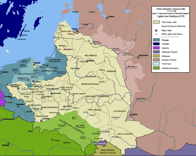 The First Partition of Poland in 1772. Prussia became geographically contiguous & cut Poland off from the sea (& customs revenue), Austria gained Galicia, & Russia gained parts of Belarus.