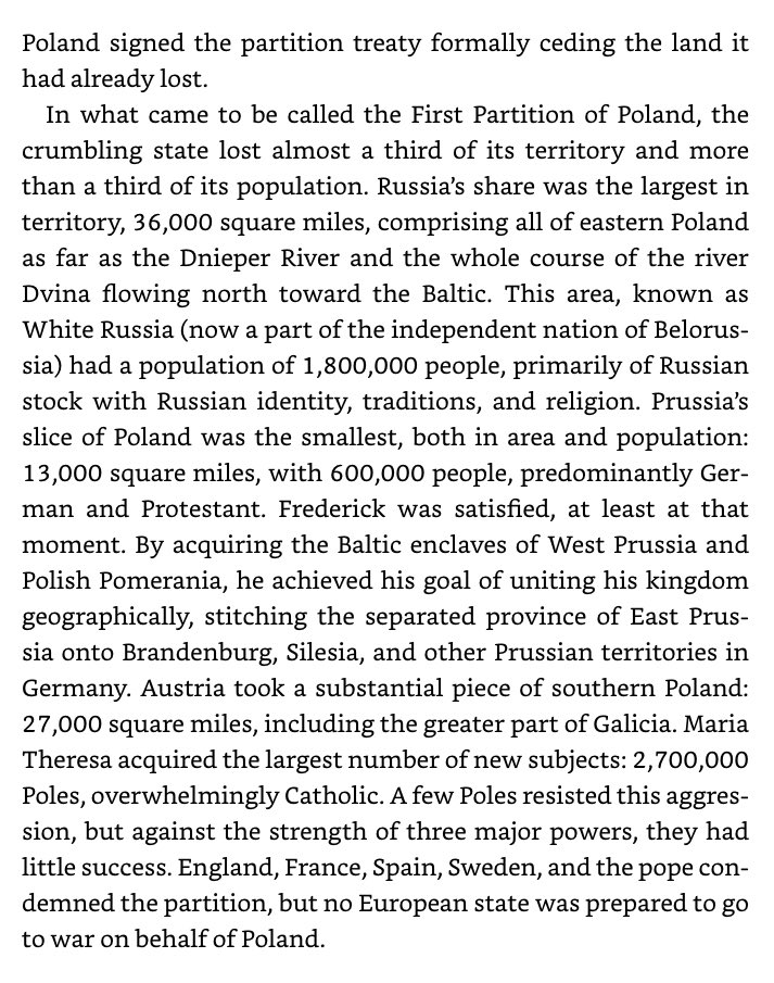 The First Partition of Poland in 1772. Prussia became geographically contiguous & cut Poland off from the sea (& customs revenue), Austria gained Galicia, & Russia gained parts of Belarus.