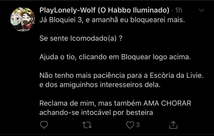 hb_vithinho's tweet photo. o louco PlayLonely-Wolf no meu privado por que comentei no post da @LivieSecrets sendo que ele fica ofendendo e criticando faz tempo. Vai com deus. https://t.co/0dTXrpWEZ7