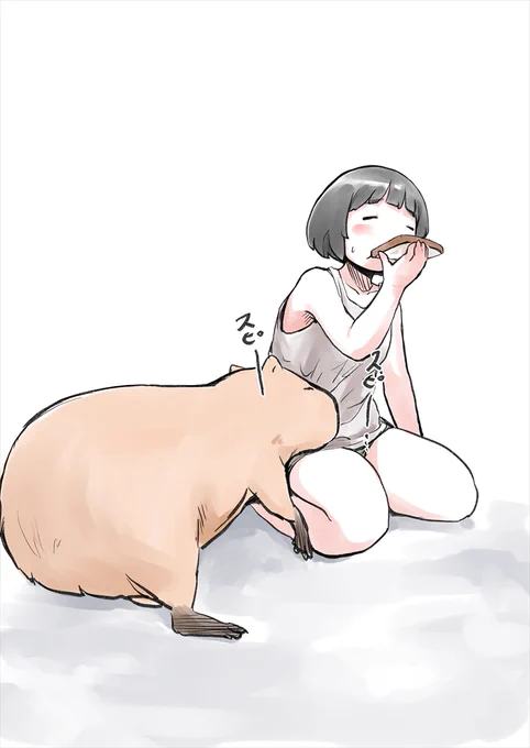 カピバラを膝枕しながらご飯を食べる女の子 