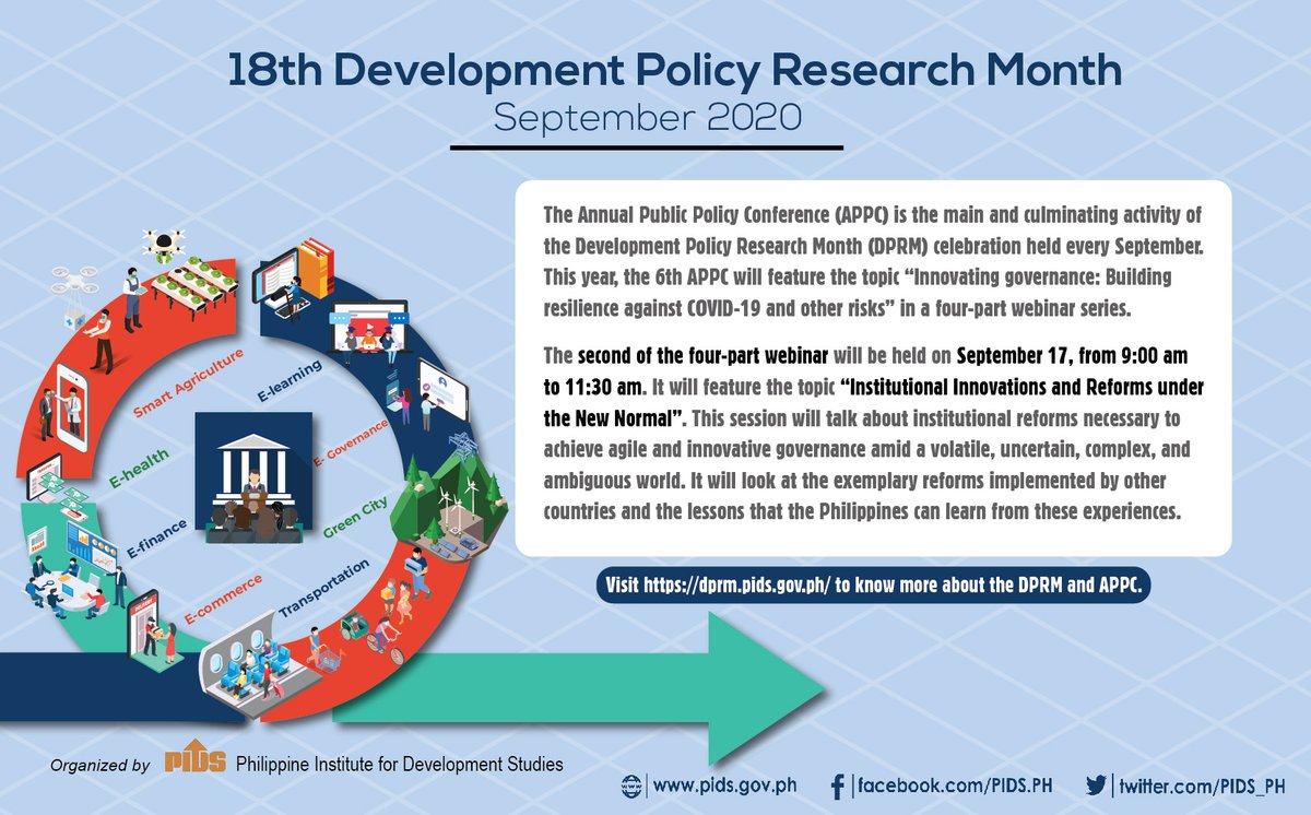 PIADesk's tweet image. Don’t miss the second-part of the 6th Annual Public Policy Conference webinar series that will discuss the Institutional Innovations and Reforms under the New Normal.
Participate on 17 September 2020, 9am.
Know more about the DPRM celebration here: drpm.pids.gov.ph