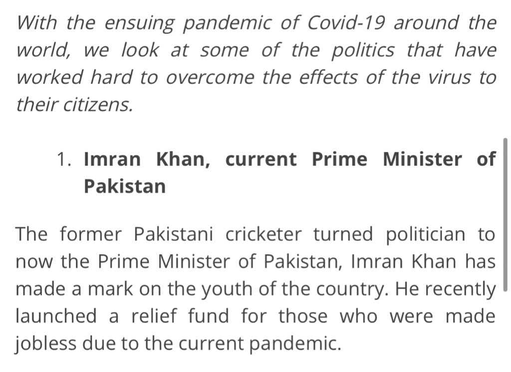World Economic Forum (<a href="/wef/">World Economic Forum</a>) &amp; Asian World News are the latest to acknowledge PM Imran Khan‘s strategy on COVID-19 response. PM ranks # 1 in the top 10 politicians during pandemic performance per Asian World.

WEF link: weforum.org/agenda/2020/09…

Asian World: asianworldnews.co.uk/globalnews/10-…