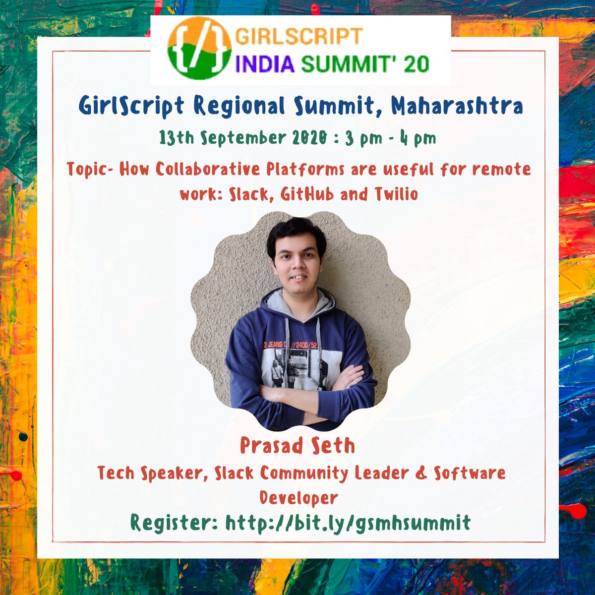girlscriptindb's tweet photo. Girlscript Maharashtra Summit
Announcing our 1st Speaker✨
Mr.@prasadseth ,Tech Speaker, Slack community Leader &amp; software Developer.
♦️How collaborative platforms are useful for remote work: Slack, GitHub,and Twilio♦️
13th September, 3 pm-4 pm
Register at:https://t.co/ZASdHzWcub https://t.co/pLtBYRVHD3