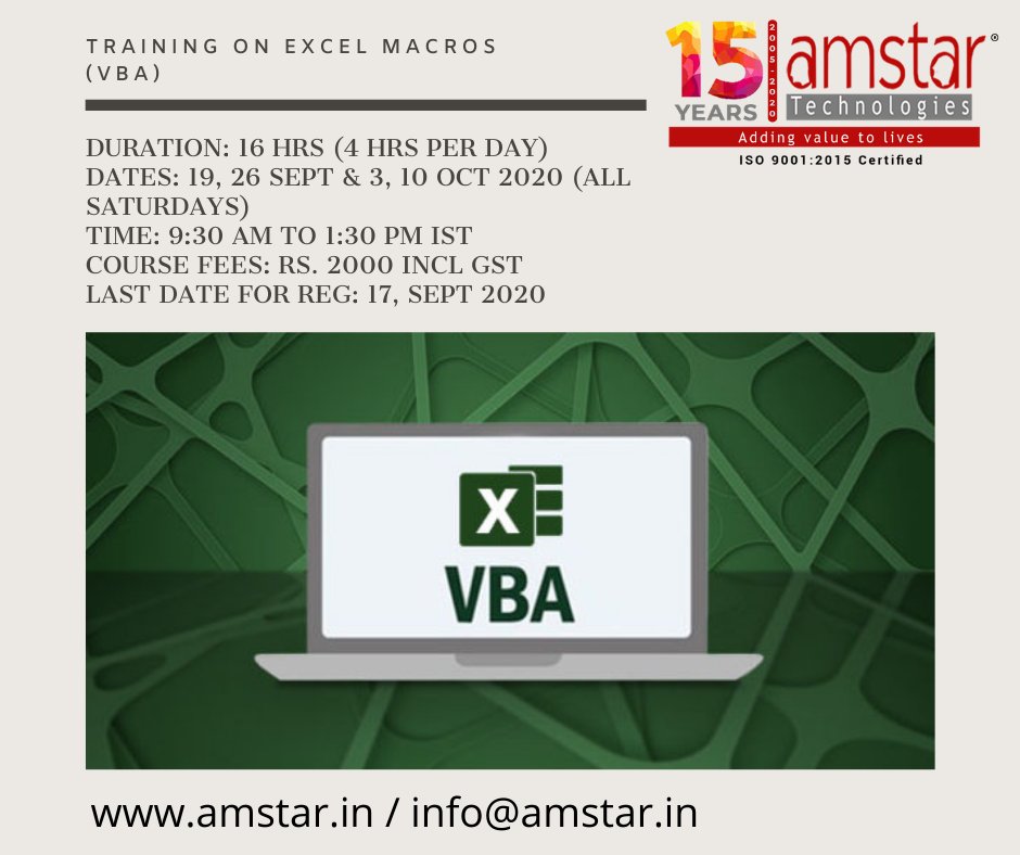 amstar_india's tweet image. Training on Excel Macros (VBA)

Duration: 16 hrs (4 hrs / day)
Dates: 19th, 26th Sept, 3rd, 10th Oct 2020 (All Saturdays)
Time: 9:30 AM to 1:30 PM IST

Course Fees: Rs. 2000 incl GST

Last date for Registration: 17th Sept 2020

docs.google.com/forms/u/3/d/e/…

#ExcelTraining #ExcelMarcos
