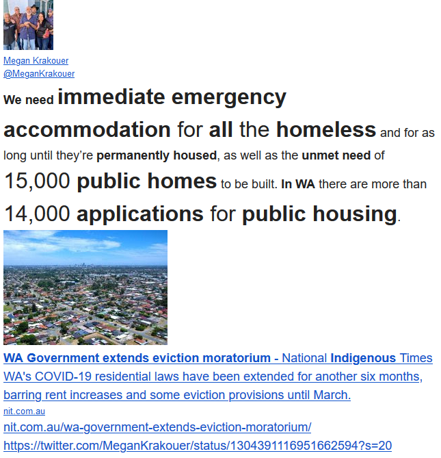 WgarNews's tweet photo. #WAGovernmentExtendsEvictionMoratorium By #NITauthor #GraceCrivellaro #NatIndigTimes | #SystemicIssue of #Homelessness #inWA | #Director of #NSPTRP, #MeganKrakouer: https://t.co/FyavTpXJqh 'WeNeed #ImmediateEmergencyAccommodation for all #theHomeless' https://t.co/LAvUKWNm8S WGAR https://t.co/57vm9CaWZG